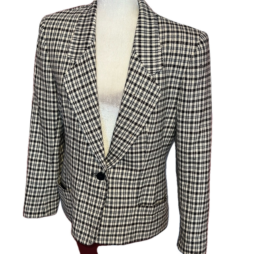 Vtg Jason Prescott Wool Suit Blazer Jacket  Office Formal Black Cream Sz 8